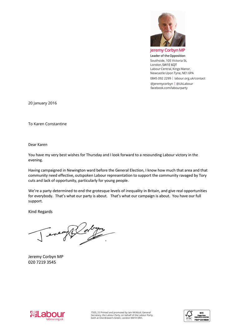 Karen Constantine's letter of support from Jeremy Corbyn
