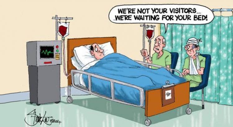 Cartoon illustration about the NHS bed crisis