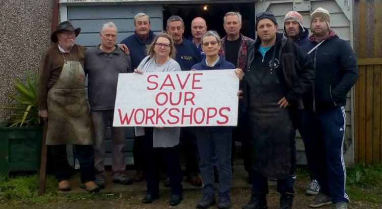 District Councillors Karen Constantine and Jenny Matterface with the workers and business owners of the Dane Valley Workshops