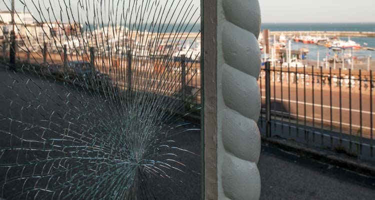 smashed glass on a Ramsgate clifftop shelter