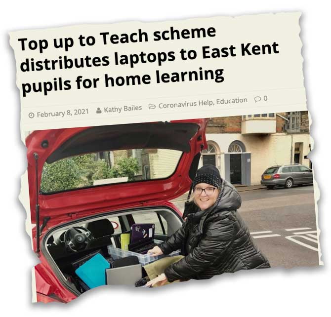 News clipping of Karen Constantine loading laptops into a car.