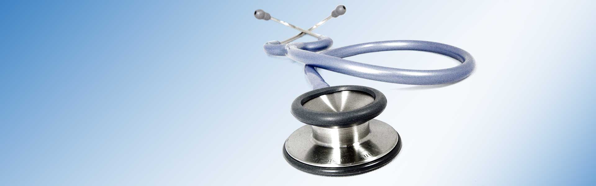 A GP's stethoscope on an NHS blue background