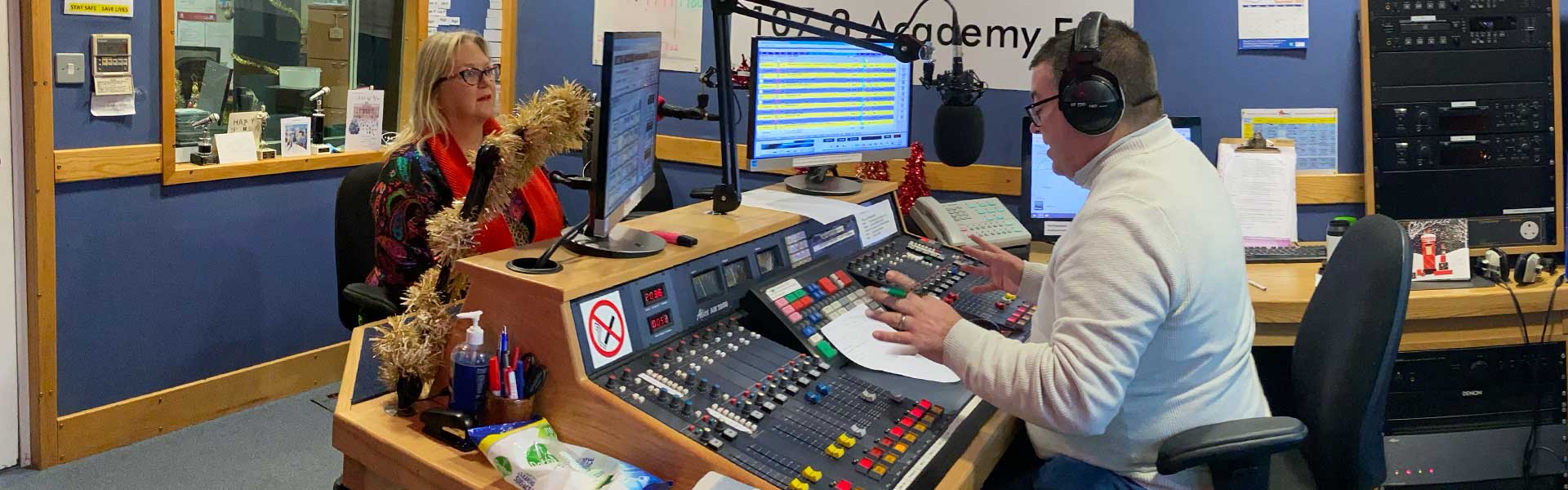 Image of Karen Constantine and Paul Rutterford in the Academy FM studio