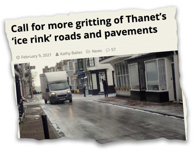 News clipping showing Addington Street in Ramsgate with a lot of ice on the road surface.