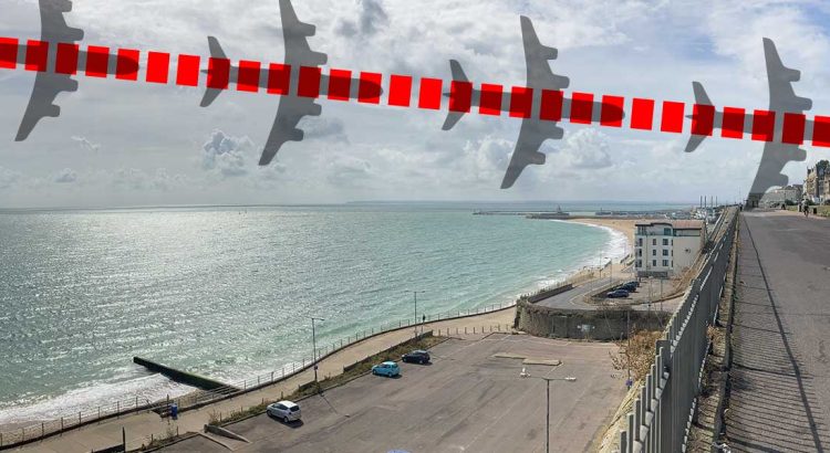 Ramsgate seafront with a graphic of an aircraft landing path.